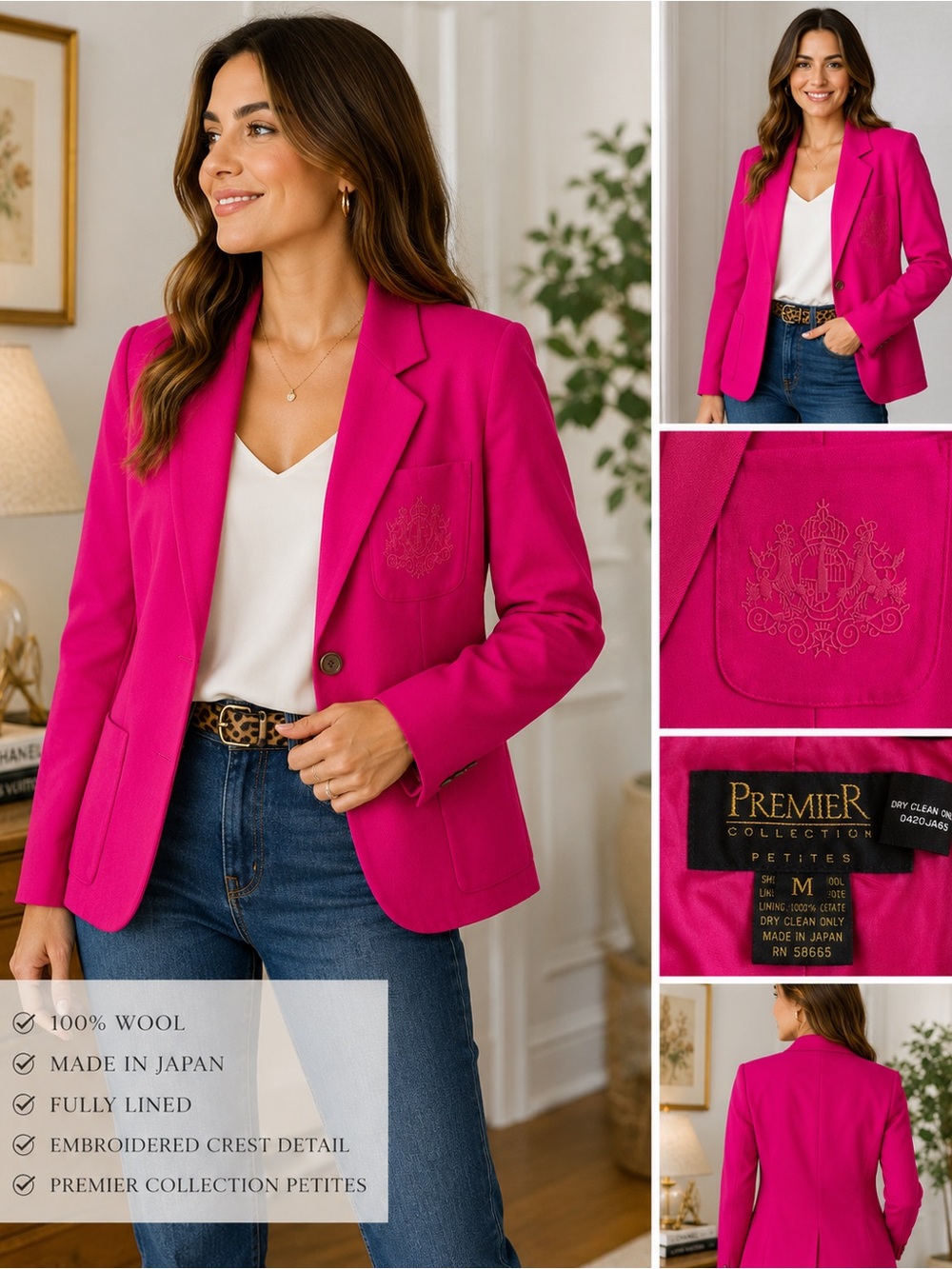 Vintage Premier Collection Petites Hot Pink 100% Wool Oversized Blazer M Japan - Picture 3 of 9